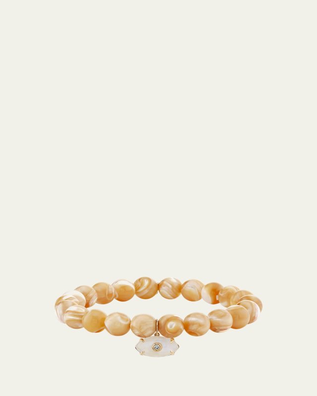 14K Yellow Gold Carved Stone Bezel Evil Eye Charm on Tan Bead Bracelet